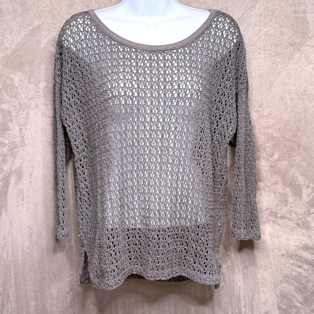 Aerie Open Knit‎ Sweater Women S Gray 3/4 Sleeve Scoop Neck Crochet Festival Y2K